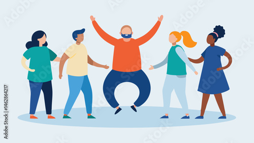 Group Dance Circle A diverse group of individuals with different disabilities is gathered in a circle smiling and moving their arms as they engage in a lively dance class led by an