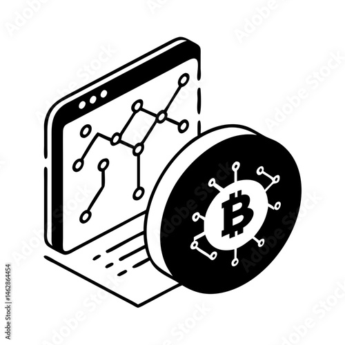 Isometric Laptop Displaying Blockchain Network Connected to Digital Bitcoin Currency