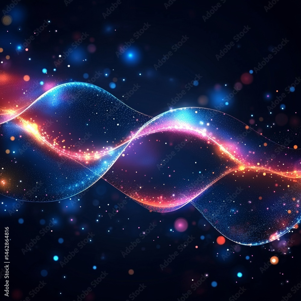 Obraz premium Against a dark canvas, a vibrant digital wave comprising particles in pink and blue hues flows dynamically, symbolizing the realm of data and abstract technology