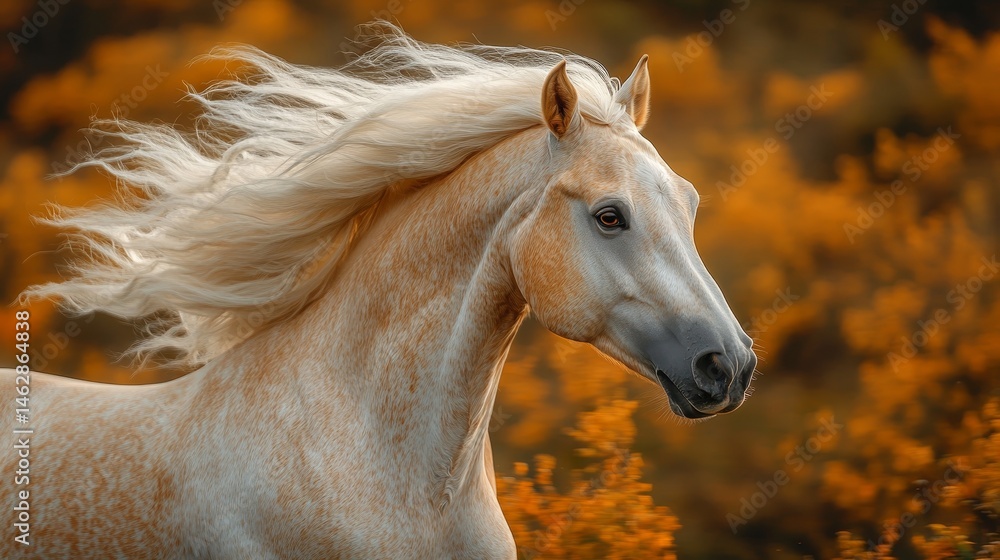 Obraz premium A golden palomino horse shaking its head, its mane rippling beautifully.