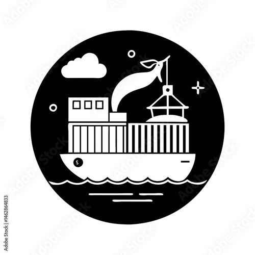 Monochrome icon of a container ship with a crane loading cargo