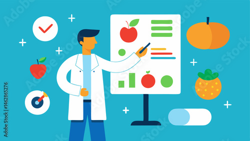 Healthy Lifestyle Graphics The doctor using a flip chart displaying illustrations of healthy foods exercise routines and sleep patterns while the patient points to fruits and