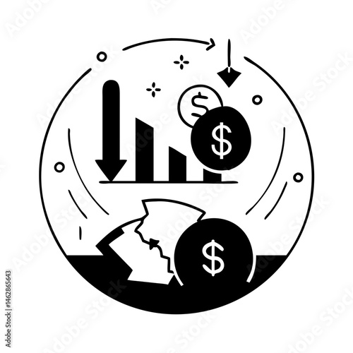 Financial Recession Symbol with Crashing Chart and Falling Dollar Coins Illustration