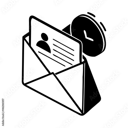 Isometric envelope with personal information and clock indicates limited time available