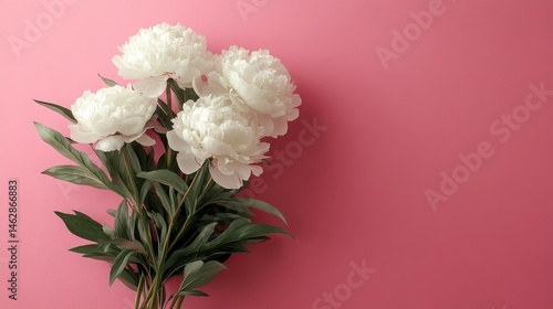 The image of white peonies on a pink background is arranged in a flatlay and used for a spring-themed greeting card with a floral design