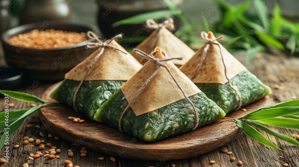 A group of freshly wrapped triangular zongzi, neatly tied with twine, placed on a rustic wooden table with scattered bamboo leaves A group of freshly wrapped triangular zongzi, neatly tied with twine, placed on a rustic wooden table with scattered bamboo leaves