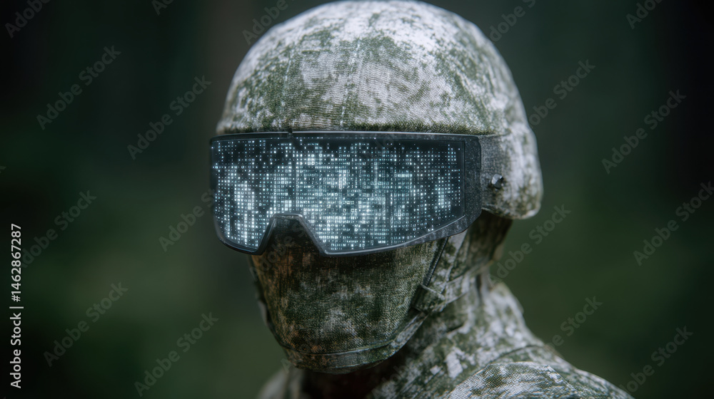 Fototapeta premium Closeup of soldier AI agent wearing camouflage uniform and advanced visor displaying digital data. expression is serious