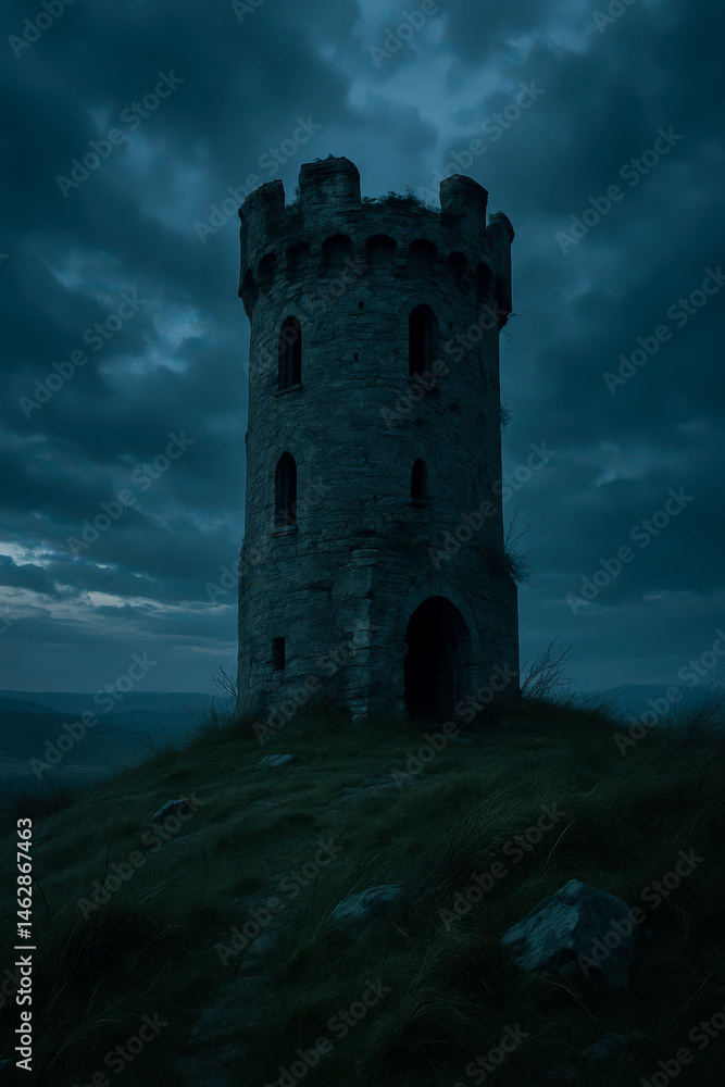 Medieval stone tower on a hill under dramatic twilight sky Medieval stone tower on a hill under dramatic twilight sky