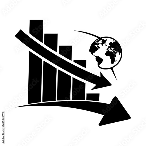 Economic recession affecting the world represented by descending graph and arrow