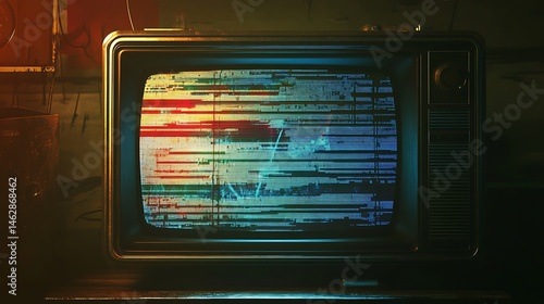 Vintage television with distorted screen