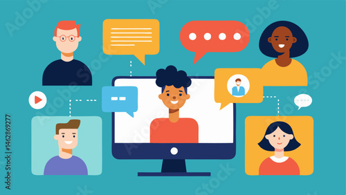 Online Collaboration A computer screen showing a virtual meeting with participants using various communication ods including video text chatting and sign language showcasing