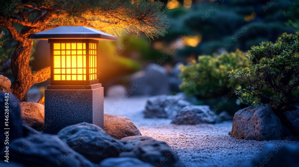 Naklejka premium A serene evening in a Japanese garden featuring a stone lantern and gentle illumination