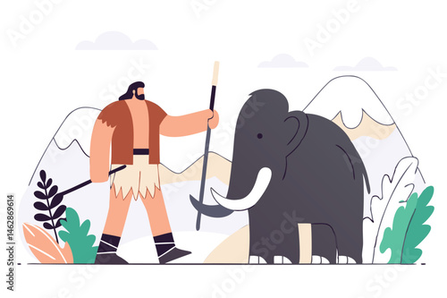 Prehistoric hunter standing bravely before a giant woolly mammoth in the ice age wilderness