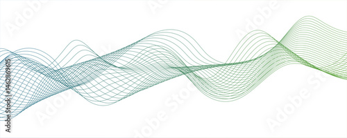 Minimalist abstract wave design consisting of smooth, flowing black and green lines on a white background.Modern digital and geometric technology themes & data visualizations, scientific concept.