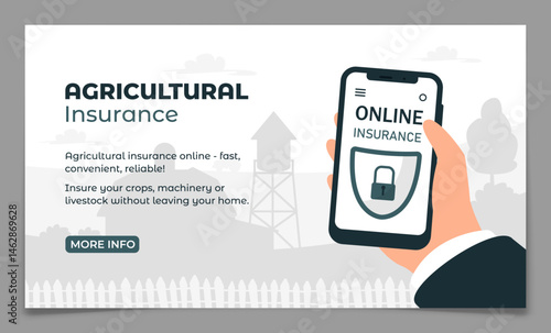 Agricultural online insurance landing page template. Mobile phone application. Remote control of security for crop, harvest, machinery and property web banner. Protection document. Vector illustration
