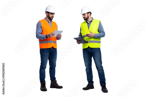 Two full-body photographs of male construction workers, one holding an iPad and the other wearing a high-visibility vest, isolated on a transparent background