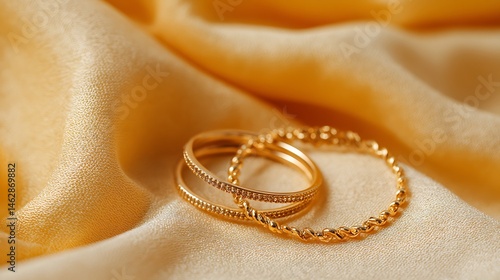 Gold rings on soft, golden fabric folds