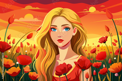 vector of Beautiful young girl with blond hair among red poppies at sunset