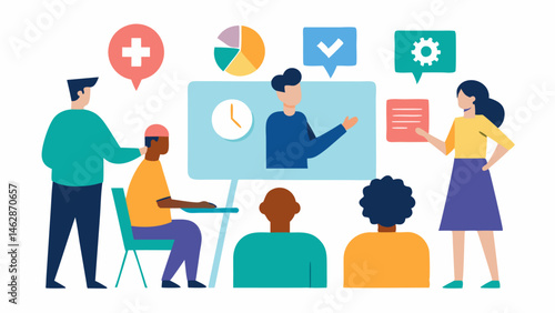 Inclusive Workshops A workshop setting where a mental health professional is demonstrating coping strategies using visual aids and interactive materials to engage all participants.