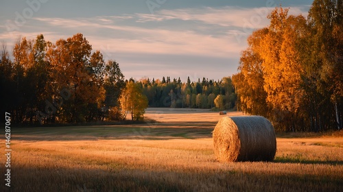 Golden hay bales sit in a late autumn field