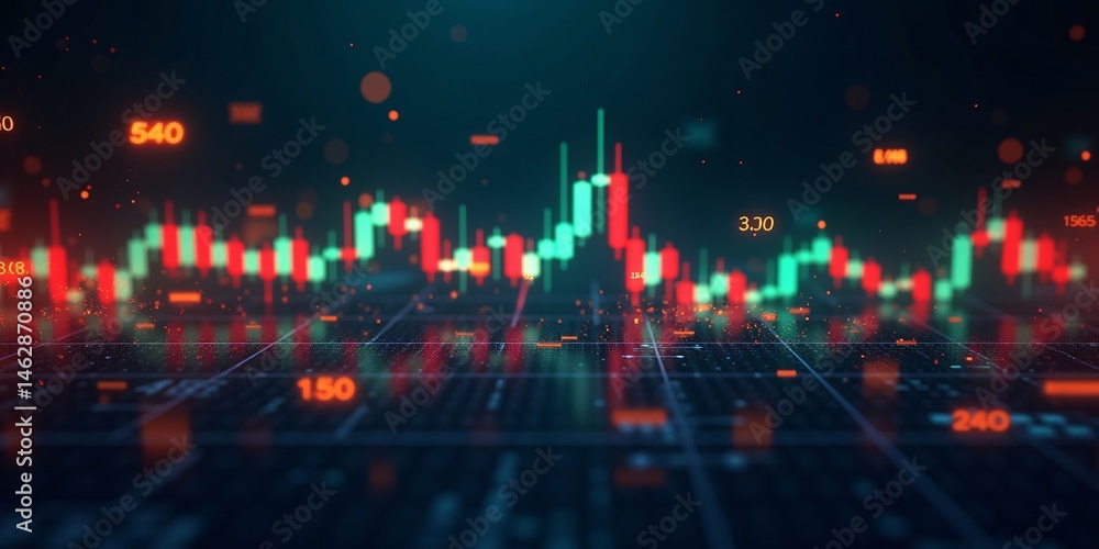Fototapeta premium Stock Chart, Global economy under pressure in 2025 with chains and glowing “TARIFFS”