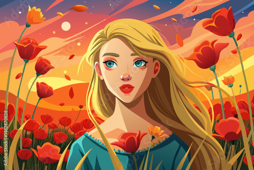 vector of Beautiful young girl with blond hair among red poppies at sunset