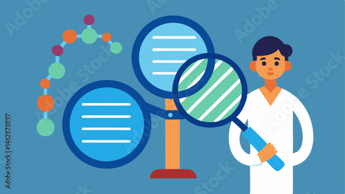 Genetic Testing A representation of DNA strands with magnifying glasses highlighting specific genes alongside a person receiving results in a lab.