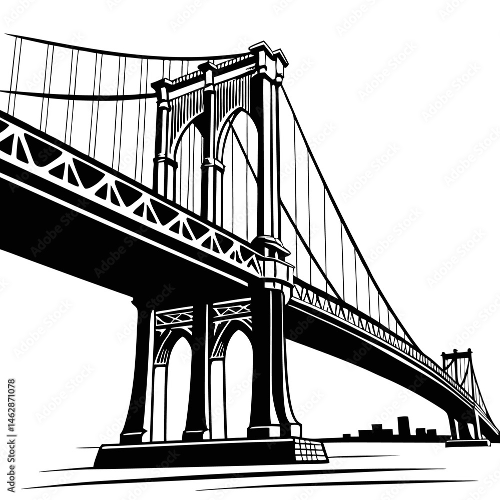Fototapeta premium Silhouette of a Brooklyn Bridge, New York City, black and white, white background, is one of the most famous bridges in the United States. vector illustration