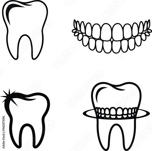 Black and White Dental Icons Set – Healthy Tooth, Cavity, Full Teeth Jaw, and Tooth with Orbit Design
