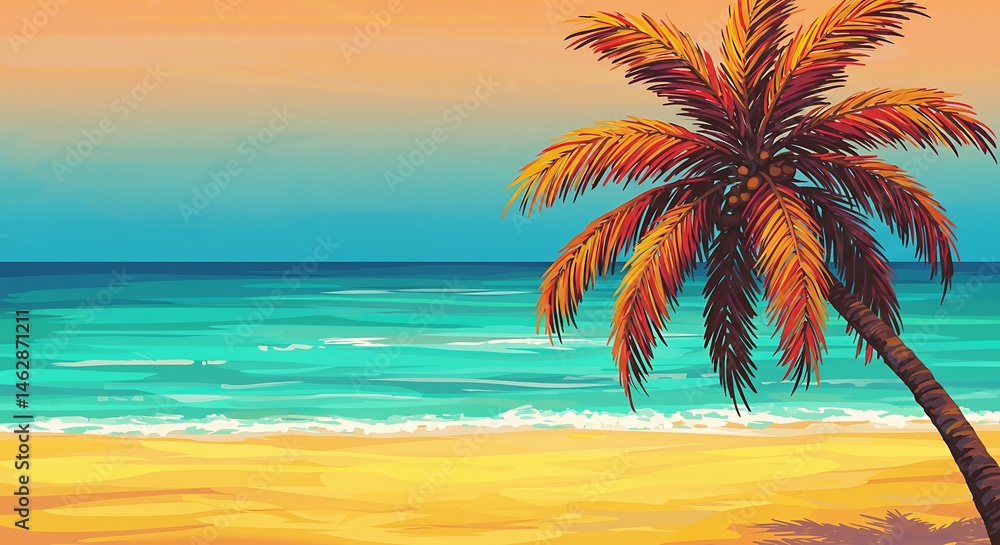 Tropical Sunset Beach with Palm Tree and Ocean Waves
Tropical Sunset Beach with Palm Tree and Ocean Waves
