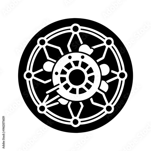 Monochrome circular emblem representing cosmic order and spiritual enlightenment through symbolism