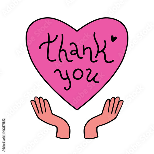 Cartoon illustration of hands holding heart symbol with 'thank you' message. Donation, charity, volunteer concept. Hand-drawn vector clip art for web, card, social media, or print. 
