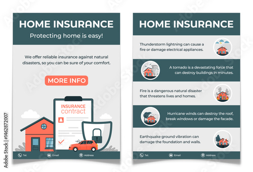 Home insurance services advertising flyer set. House risk concept. Security and protection of family property from damage and natural disaster. Banner for mobile social media. Flat vector illustration