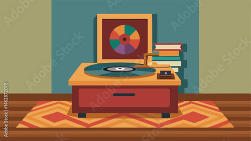 A vintage record player displayed on a wooden crate with a stack of records nearby and a colorful tapestry on the wall above.
