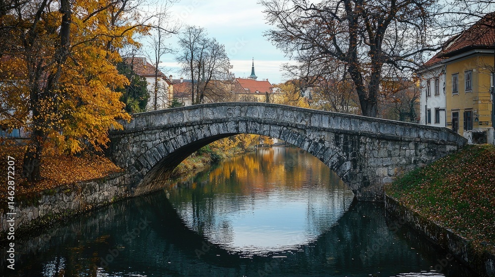 Naklejka premium Autumnal stone bridge over a tranquil river.