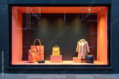 Modern minimalist window display showcasing sleek products, neutral, lighting, art