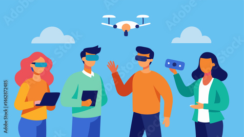 Gadget Testing Each partner is holding a different gadget such as a drone or a VR headset while playfully arguing about which one is the best buy.