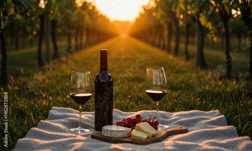 Sunset Vineyard Picnic with Wine and Cheese

