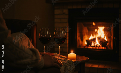 Intimate Wine Moment by the Fireplace

