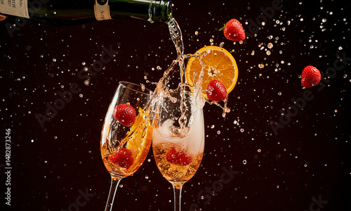 Sparkling Wine Splash with Fruits in Motion

