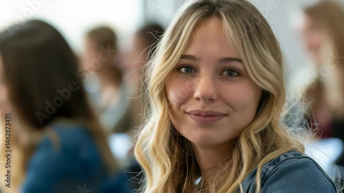 Wallpaper Mural Close-up of a smiling young woman with wavy blonde hair. She's wearing a denim shirt. Set in an academic environment, with other students in the background, adding depth to the scene. Torontodigital.ca