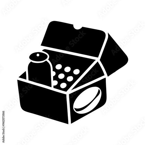 Black and white vector image of a lunch box with items