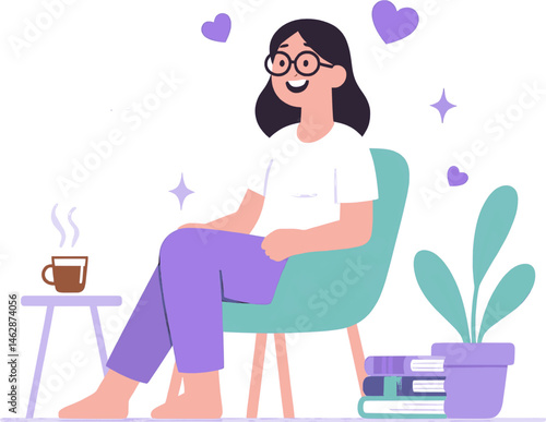 Vector of a confident modern woman wearing stylish glasses, designed in a clean flat style. perfect for branding, editorial, or merch use.