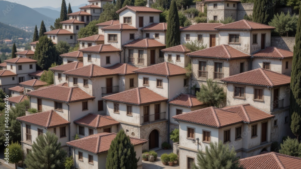 Tuscan Village Homes on Hillside in Italy, Architecture, Mediterranean Style, Red Tile Roofs, Residential, Italian Landscape Tuscan Village Homes on Hillside in Italy, Architecture, Mediterranean Style, Red Tile Roofs, Residential, Italian Landscape