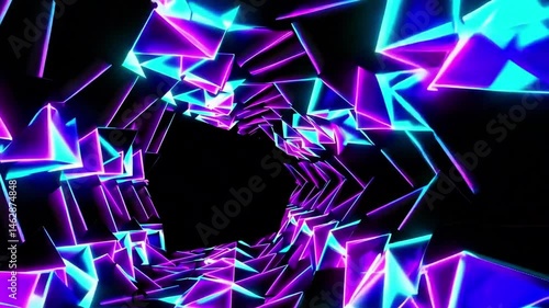 Abstract neon triangle tunnel background with blue and purple illumination