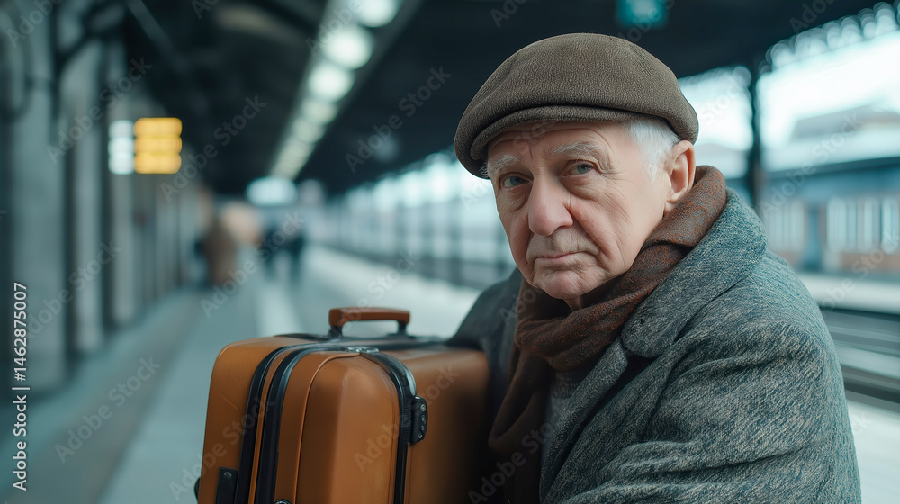 Elderly man with suitcase waiting at train station platform, perfect for travel themes, nostalgia visuals, and senior journey or adventure promotions