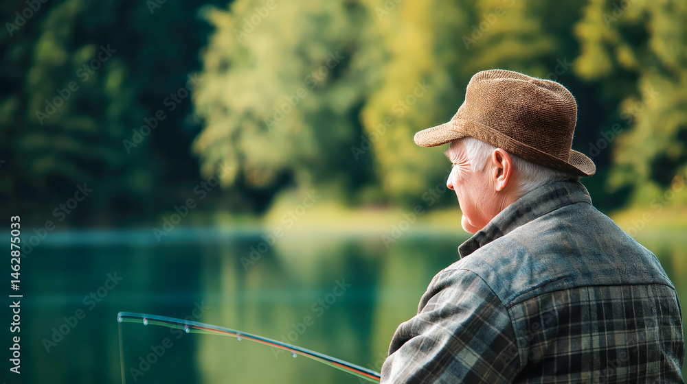 Elderly man fishing alone by tranquil lake surrounded by trees, perfect for retirement lifestyle, peaceful outdoor activities, and leisure visuals