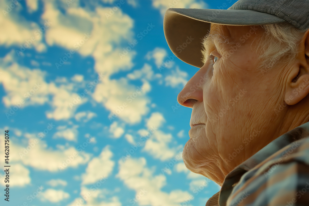 Elderly man gazing thoughtfully at blue sky with clouds, ideal for themes of reflection, aging, nostalgia, and peaceful outdoor moments