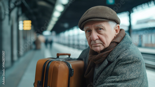 Obraz na płótnie Elderly man with suitcase waiting at train station platform, perfect for travel themes, nostalgia visuals, and senior journey or adventure promotions w salonie
