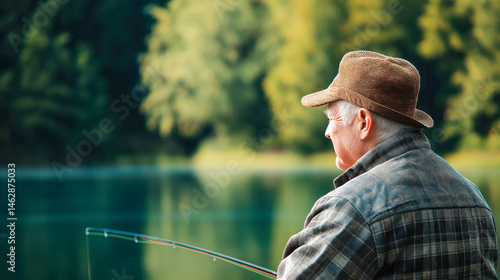 Obraz na płótnie Elderly man fishing alone by tranquil lake surrounded by trees, perfect for retirement lifestyle, peaceful outdoor activities, and leisure visuals w salonie